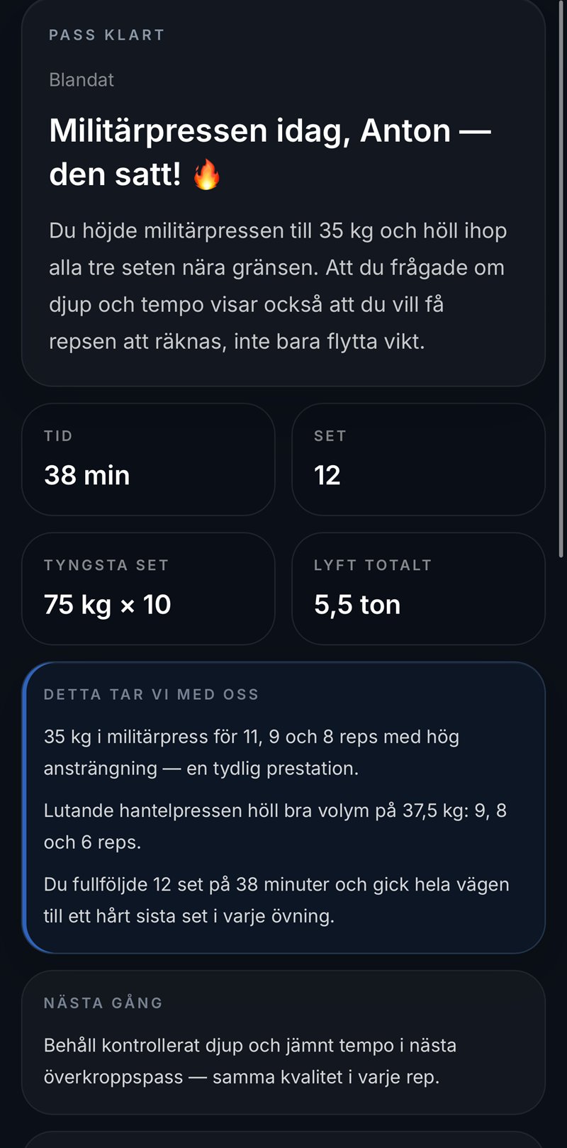 Sammanfattning efter passet: 38 minuter, 12 set, 5,5 ton och vad vi tar med oss