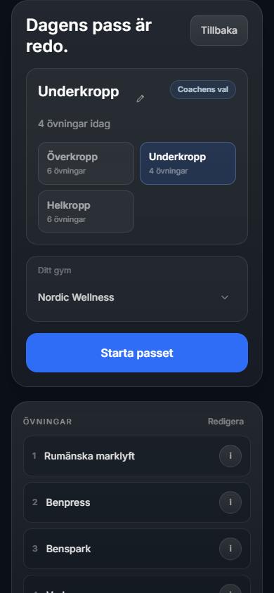 Dagens pass med val av upplägg, gym och övningslista